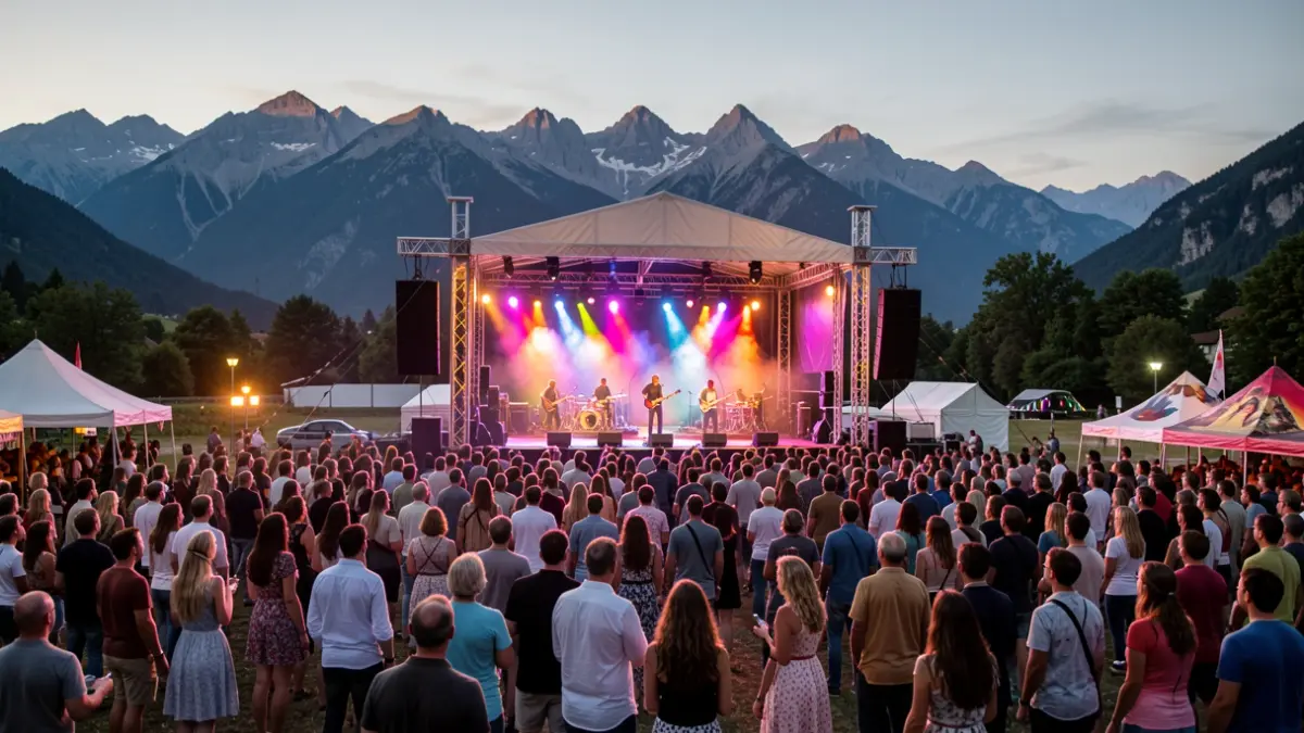 Escena d'un festival de música a la Cerdanya amb públic i muntanyes al fons.