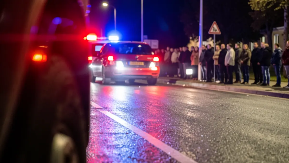 Imagen genérica de luces de emergencia reflejándose en asfalto mojado.