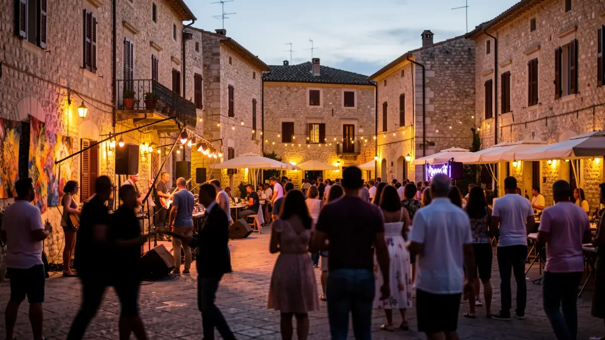 Generic image of a nighttime cultural festival with people and historic buildings.