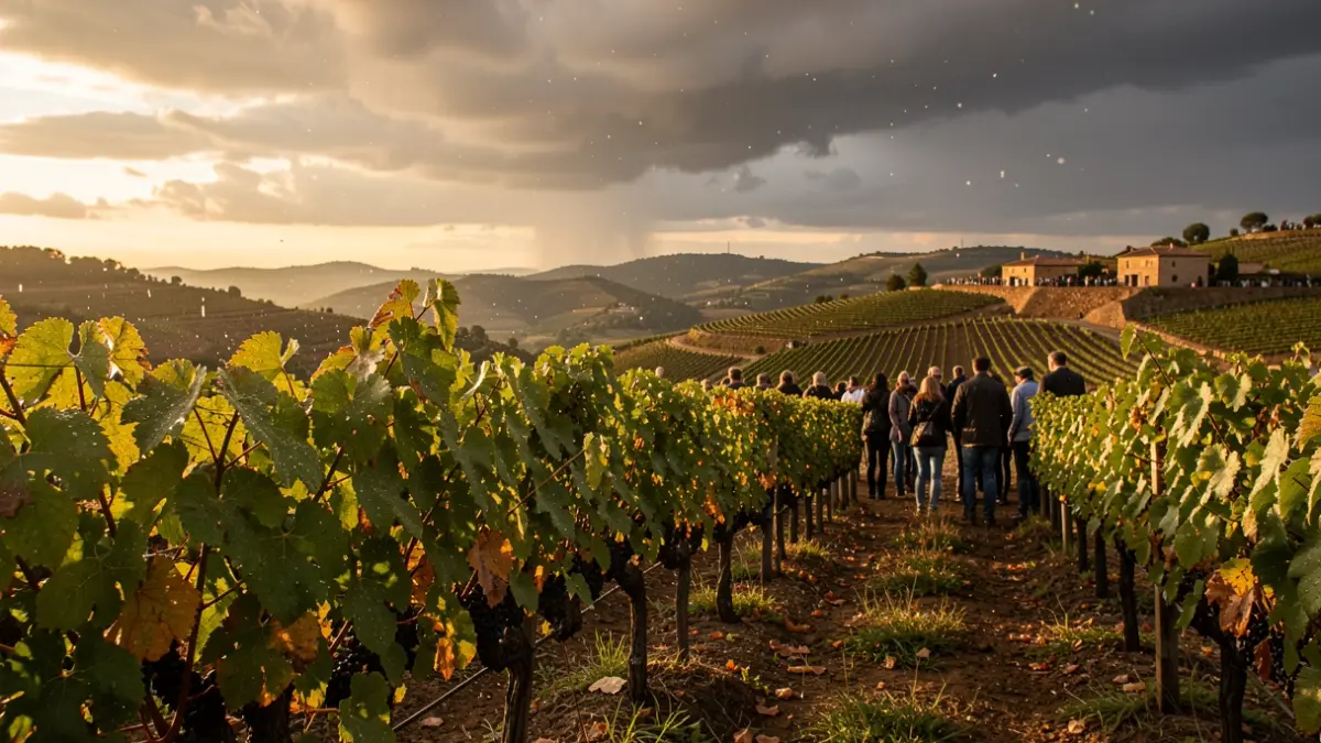 Vineyard in Priorat with raindrops and storm clouds.