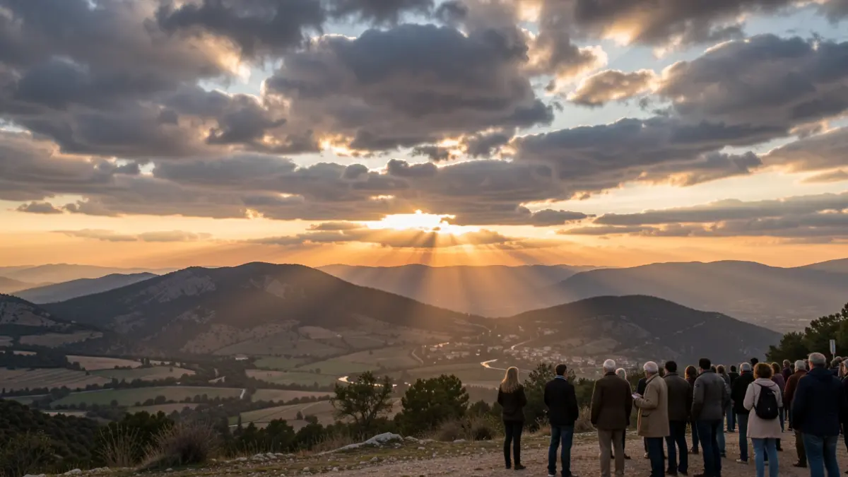 Sky with scattered clouds over a mountainous landscape in Catalunya, with dim sunlight.