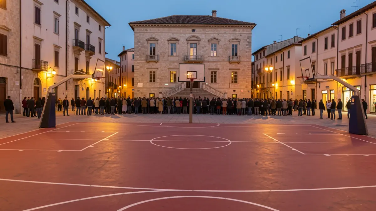 Basketball court in a Mediterranean town square at dusk.
