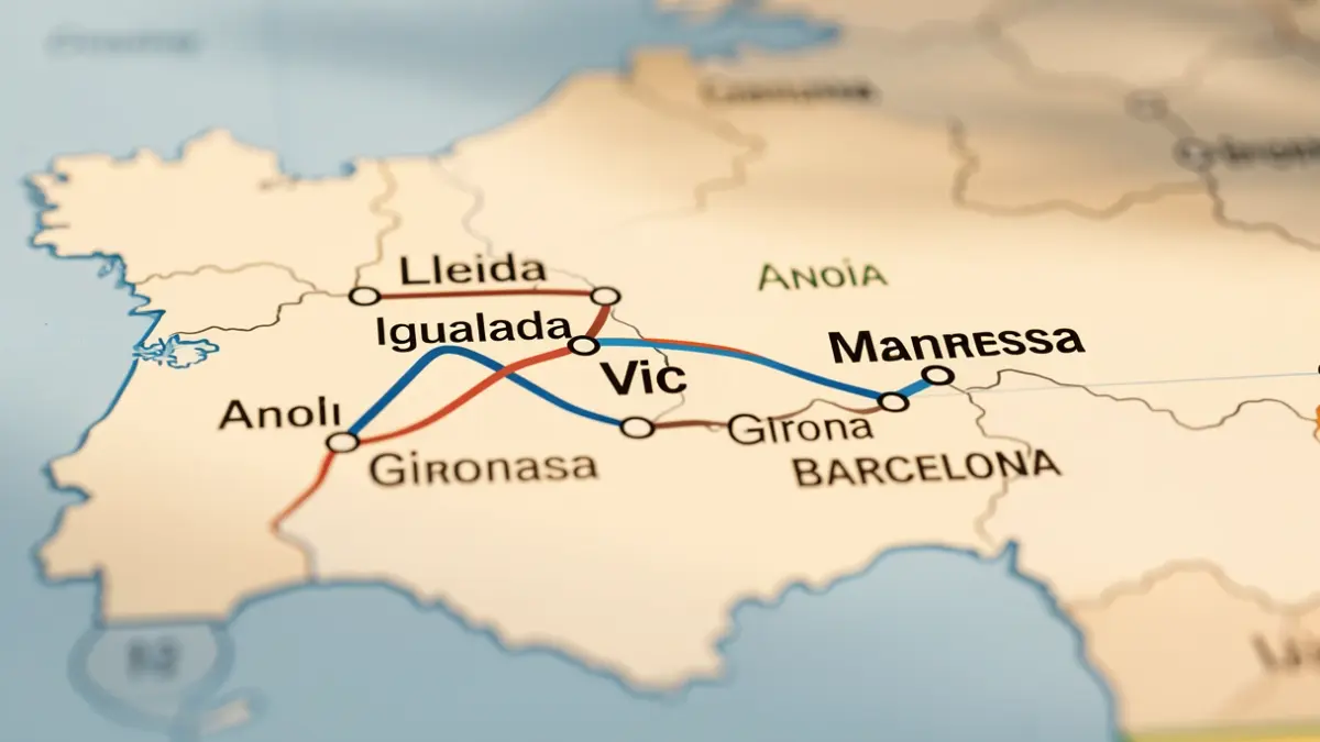 Mapa del trazado ferroviario propuesto para el Tren Gran en Catalunya, destacando la conexión entre Lleida y Girona pasando por Anoia.