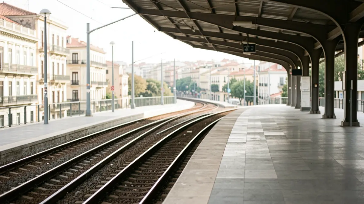 Empty metro platform in Barcelona with tracks disappearing into the distance.