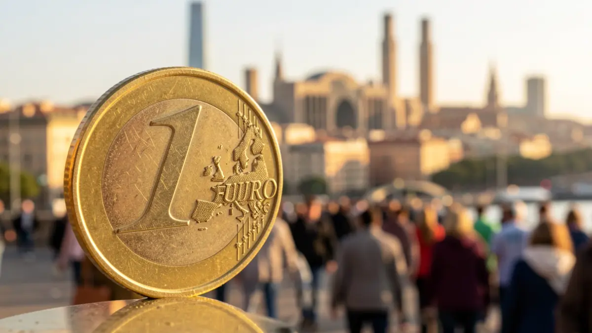 Imagen genérica de monedas españolas con el perfil de Barcelona al fondo.