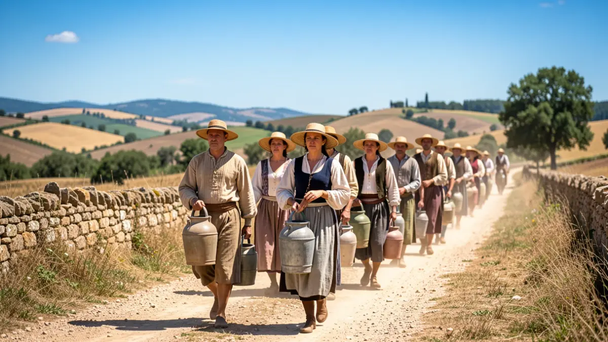 Generic image of a procession carrying water along a rural path in Catalonia.