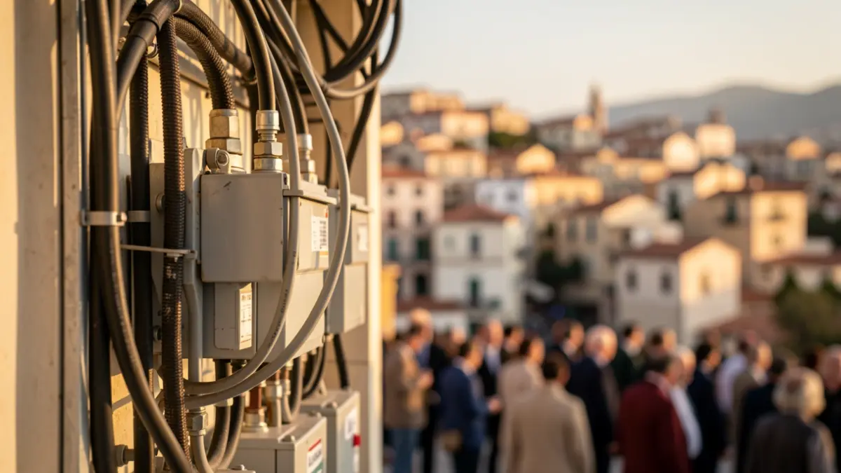 Infraestructures elèctriques amb un poble mediterrani al fons.