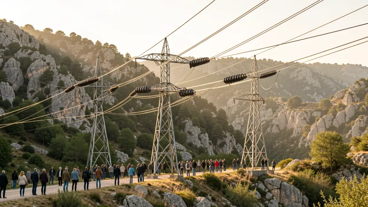 Línia elèctrica millorada amb nous aïlladors en un entorn natural protegit.