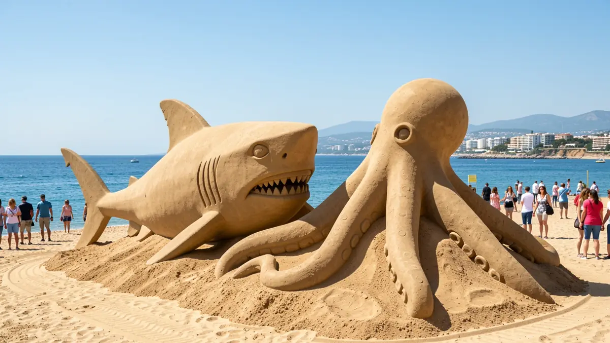 Escultures de sorra d'un pop i un tauró a la platja de L'Arrabassada a Tarragona.