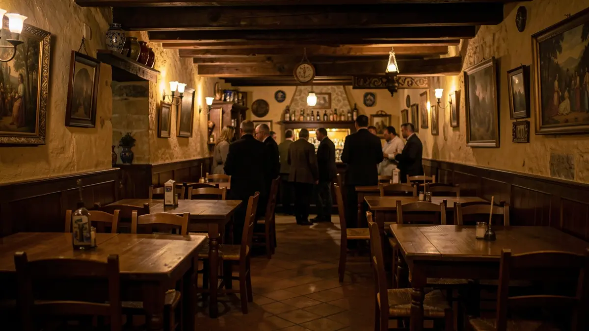 Imatge genèrica d'una taverna rústica amb taules de fusta i llum càlida.