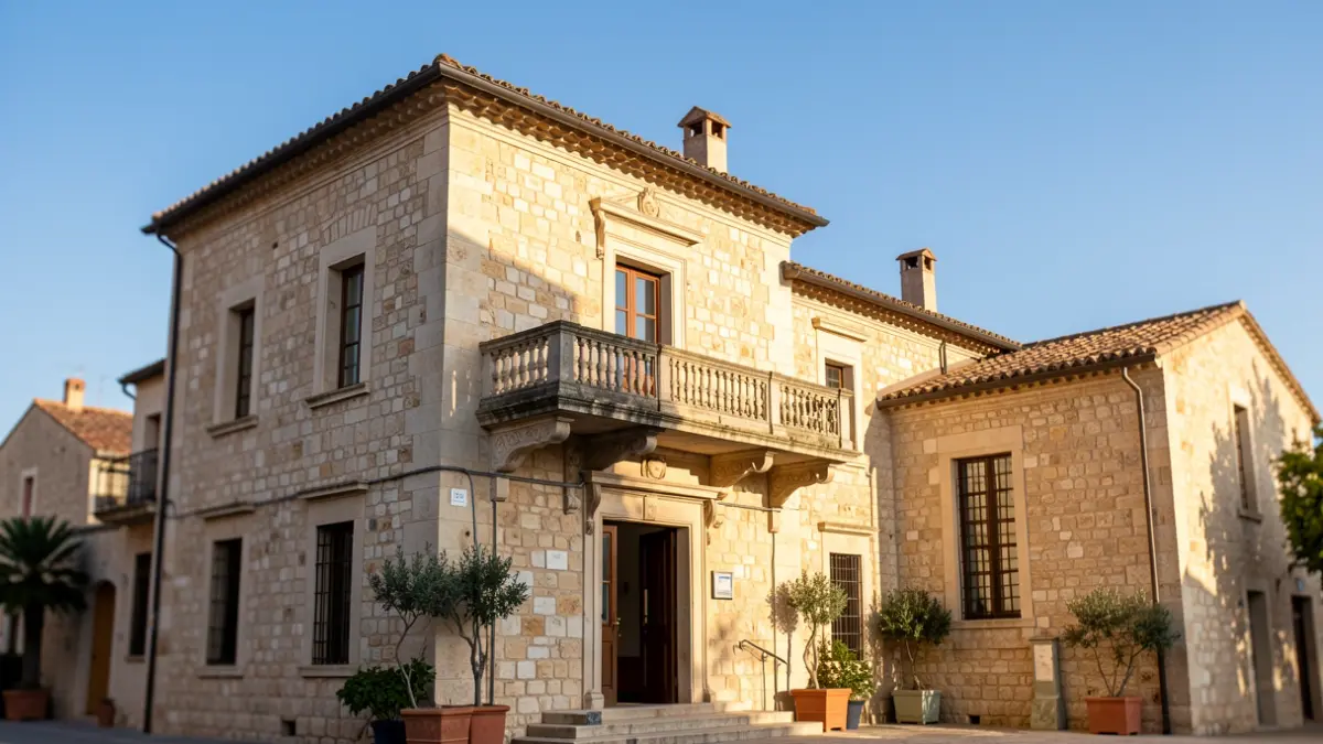 Façana d'un edifici públic tradicional de pedra amb balcó i llum solar càlida.