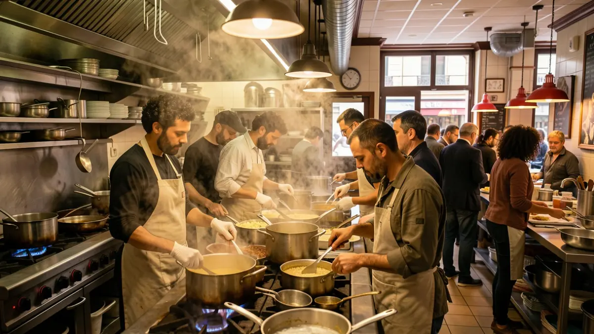 Generic image of a restaurant kitchen in Barcelona with diverse staff.