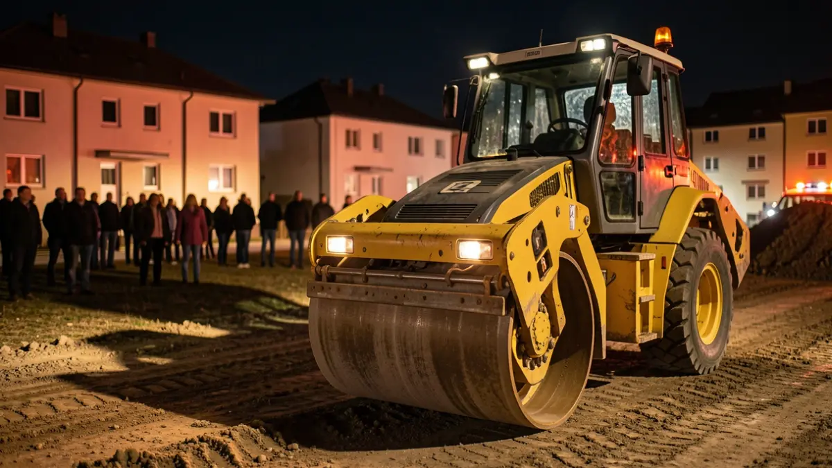 Imatge genèrica d'una màquina compactadora d'obres durant la nit.