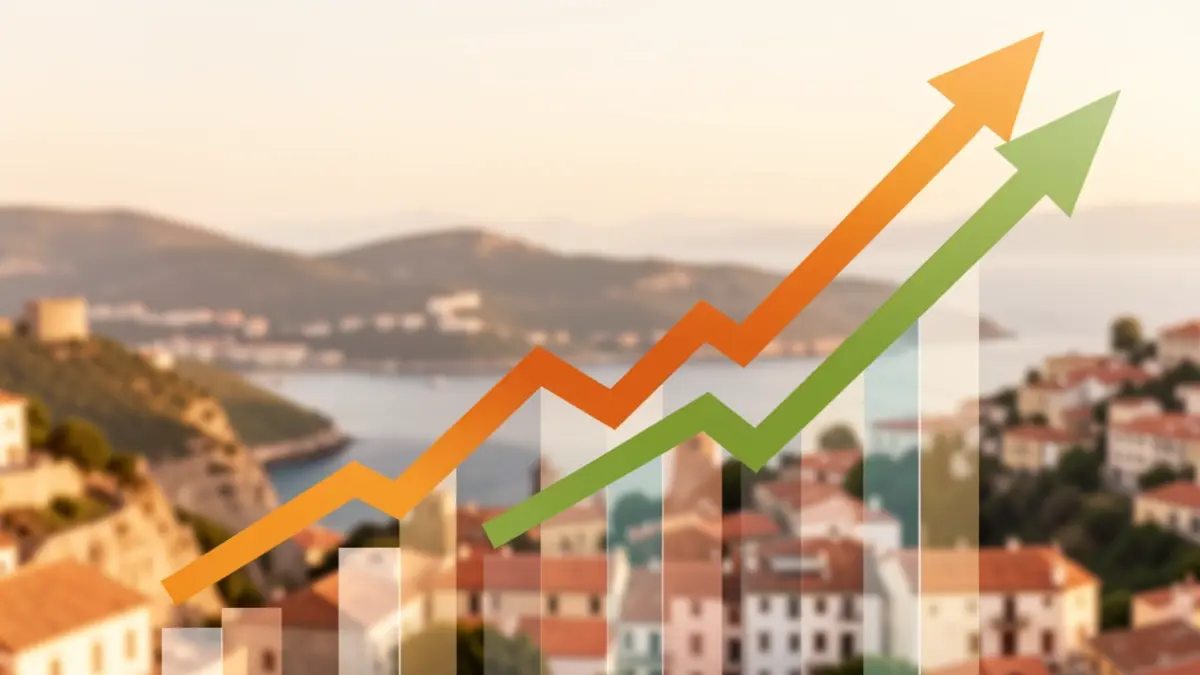 Gráficos económicos abstractos sobre un paisaje mediterráneo.
