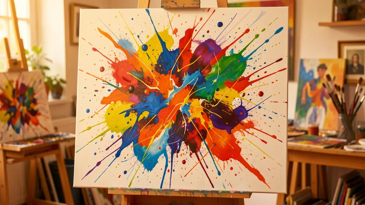 Abstract painting with splashes of vibrant colors and dynamic shapes.