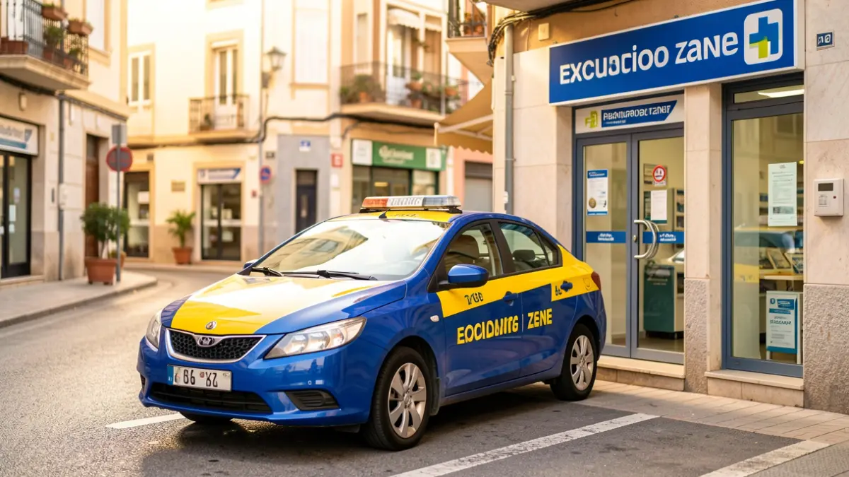 Generic image of a taxi parked in front of a pharmacy.