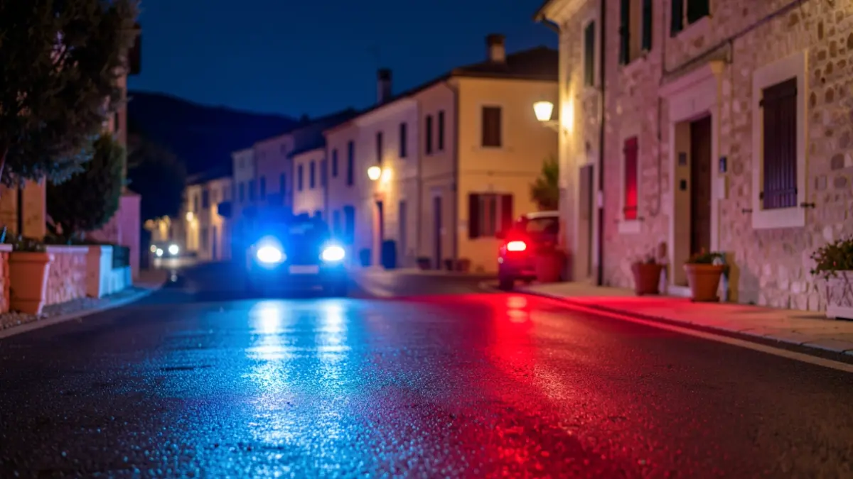 Imatge genèrica de llums d'emergència reflectint-se en asfalt mullat a la nit.
