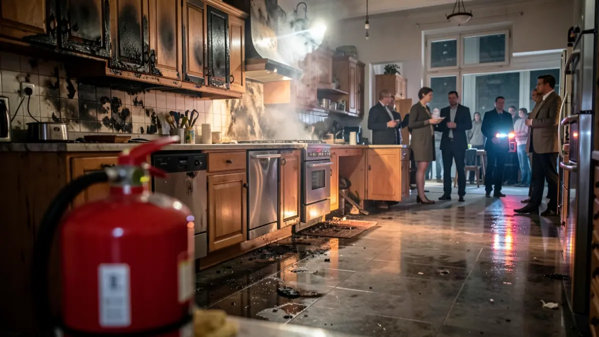 Imatge genèrica d'una cuina afectada per un incendi amb fum i danys.