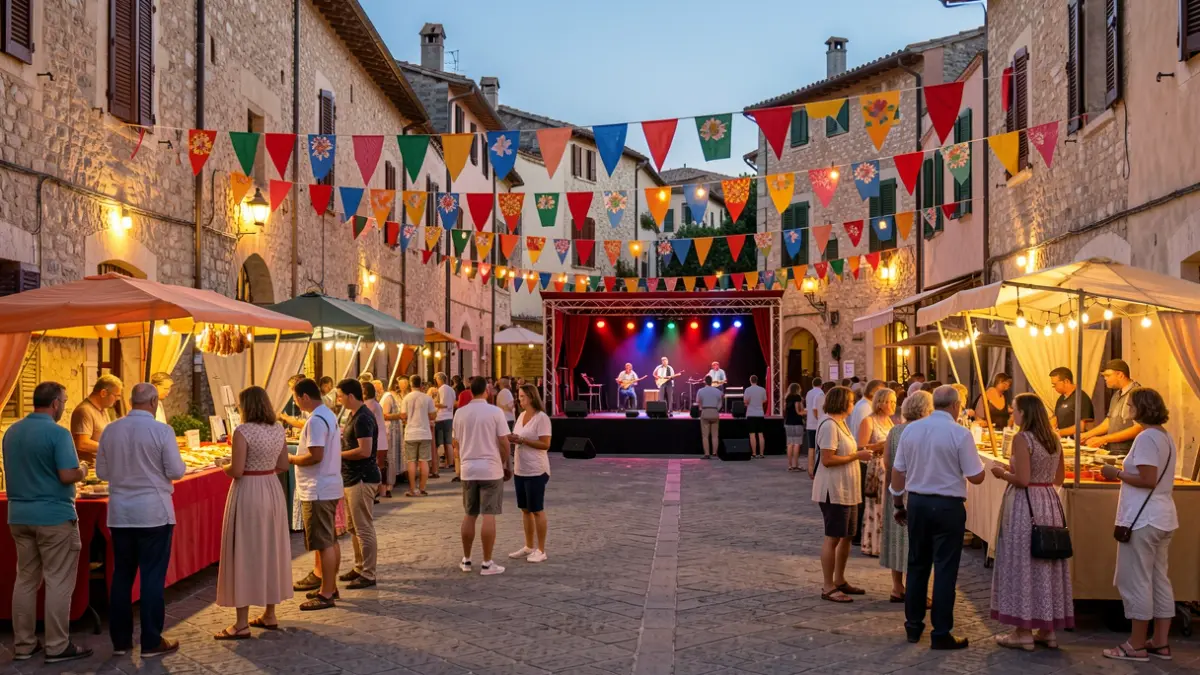 Imatge genèrica d'una festa popular al vespre en una plaça de poble mediterrani.