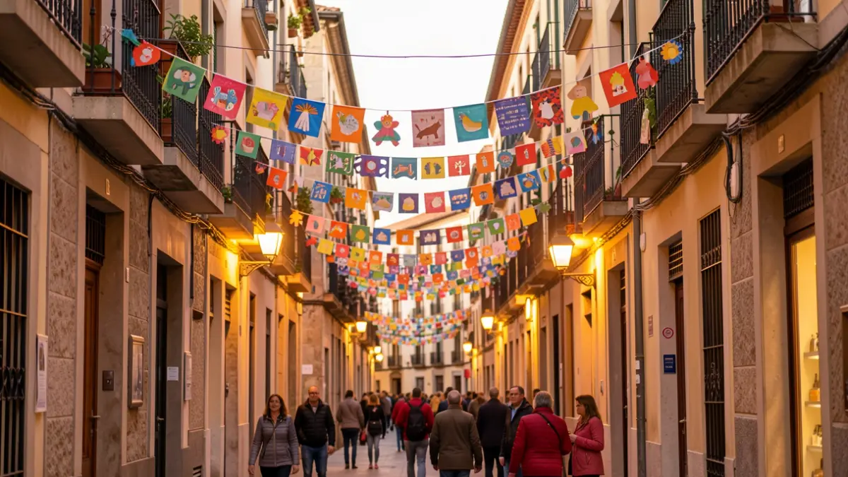 Decoración de una calle en Gràcia durante la Fiesta Mayor, con elementos festivos y arquitectura mediterránea.