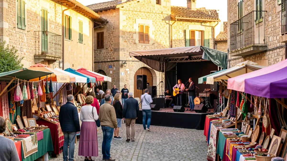 Escena d'un festival cultural a una plaça de poble català amb parades d'artesania i un escenari.