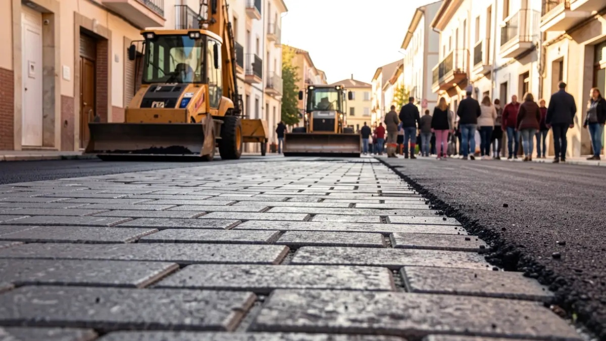 Obres d'asfaltatge al carrer del Mas Adei a Terrassa.