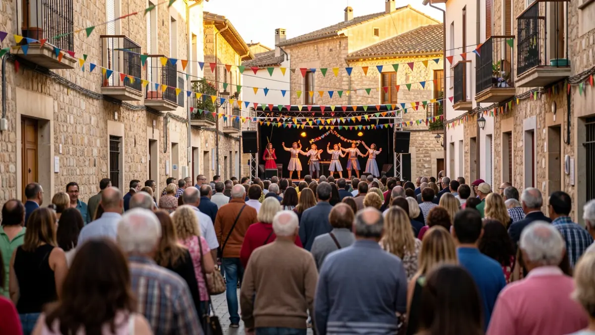 Escena de carrer animada durant un festival a Tàrrega amb actuacions a l'aire lliure.