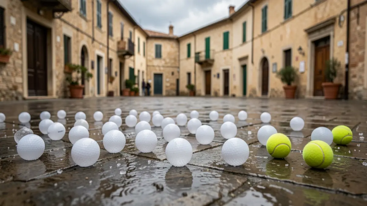 Large hailstones scattered on a street after a storm.