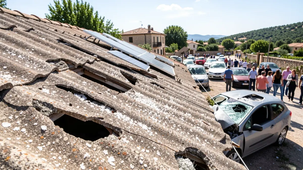 Teulada foradada per la pedregada amb plaques solars trencades i cotxes afectats.