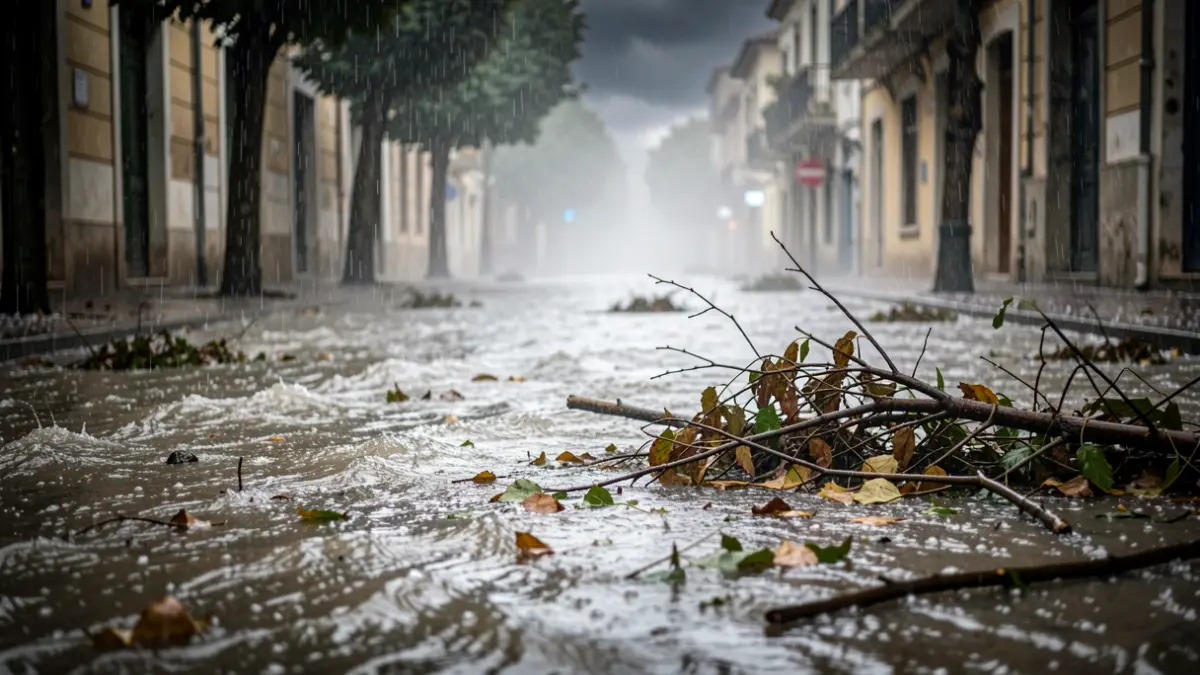 Streets of Tarragona flooded with water and hailstones during a severe storm.