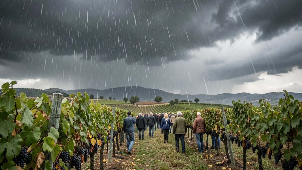 Tempesta de pluja i pedra sobre vinyes a la Terra Alta durant la verema.