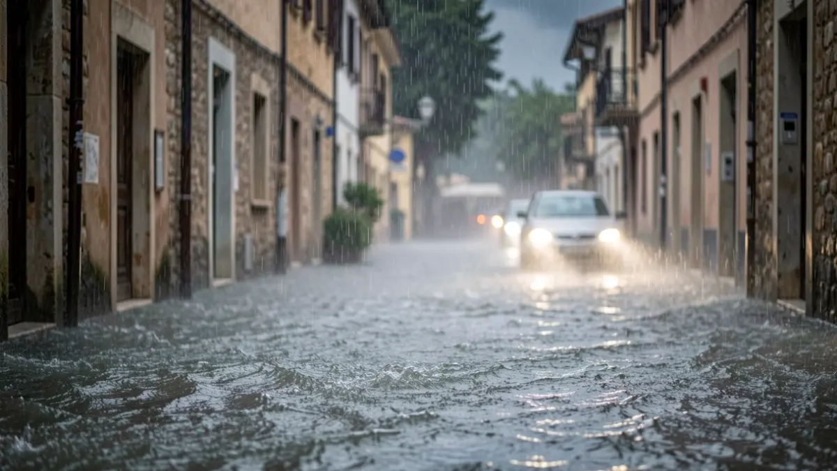 Imagen genérica de lluvia intensa y granizo afectando una calle urbana.