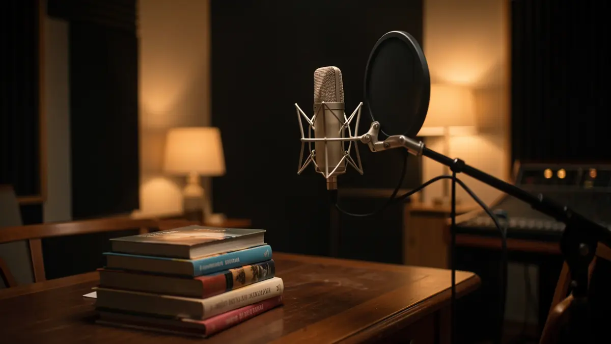 Imatge genèrica d'un estudi de ràdio amb llibres.