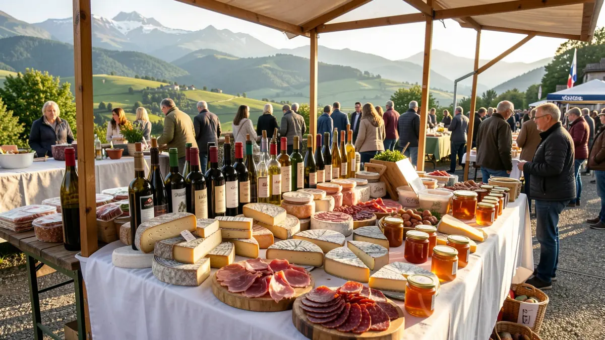 Puesto de mercado con quesos, embutidos y vinos en la Cerdanya.