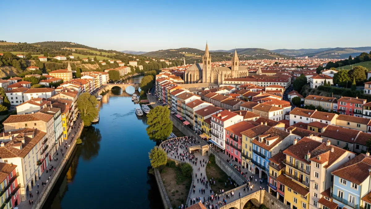 Aerial view of the city of Girona with the Onyar River.