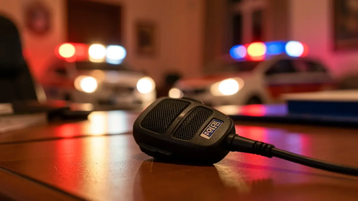 Imatge genèrica d'un micròfon de policia amb llums d'emergència al fons.