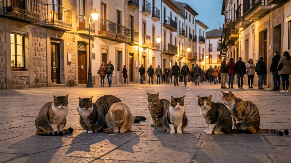Stray cats in a Girona square at dusk.