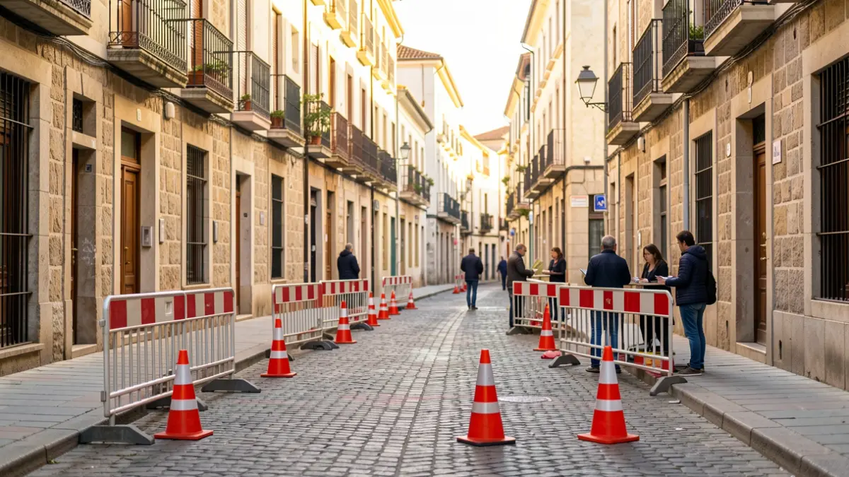 Imatge genèrica d'un carrer de Girona amb elements de senyalització de trànsit temporal.