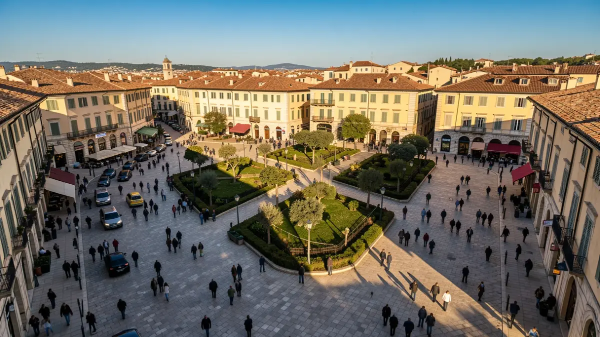 Vista aèria de la plaça Catalunya de Girona amb trànsit reduït.