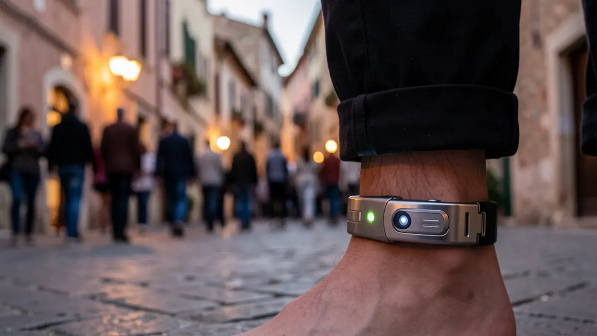 Generic image of a telematic security bracelet on an ankle.