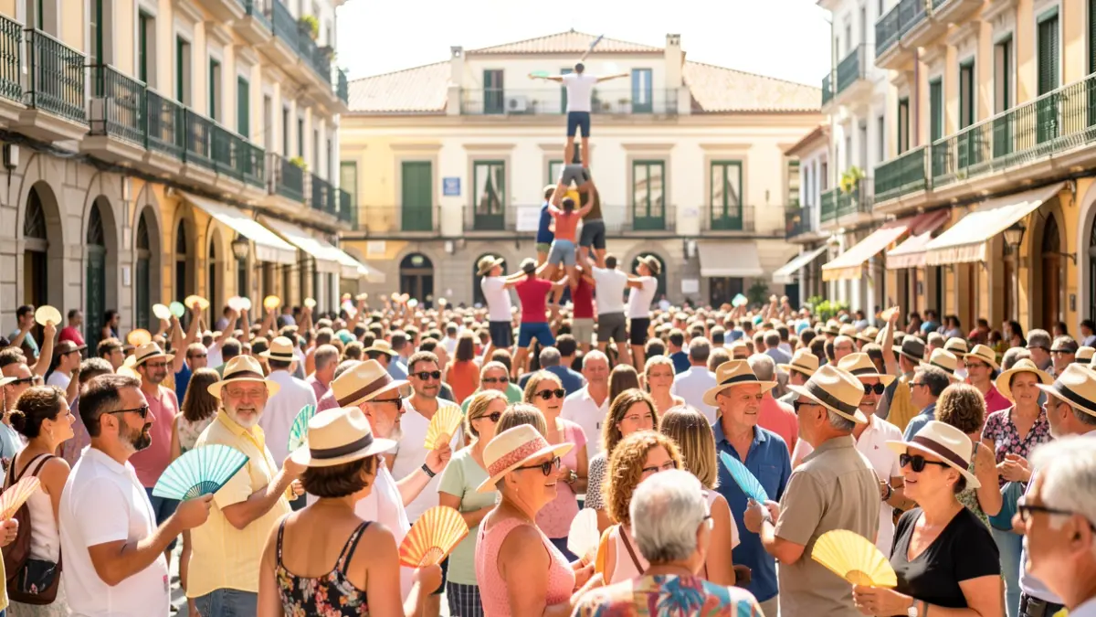 Generic image of a Barcelona square full of people during a popular festival with human towers.