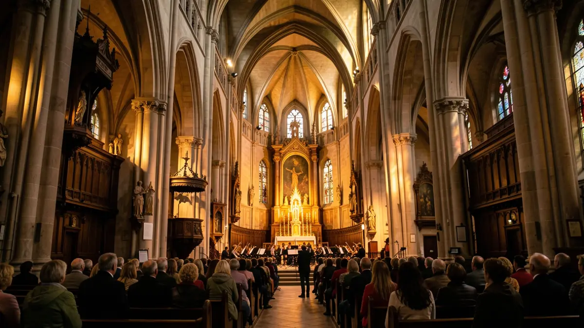 Interior d'una gran nau de catedral il·luminada càlidament, amb l'altar i el cor destacats.