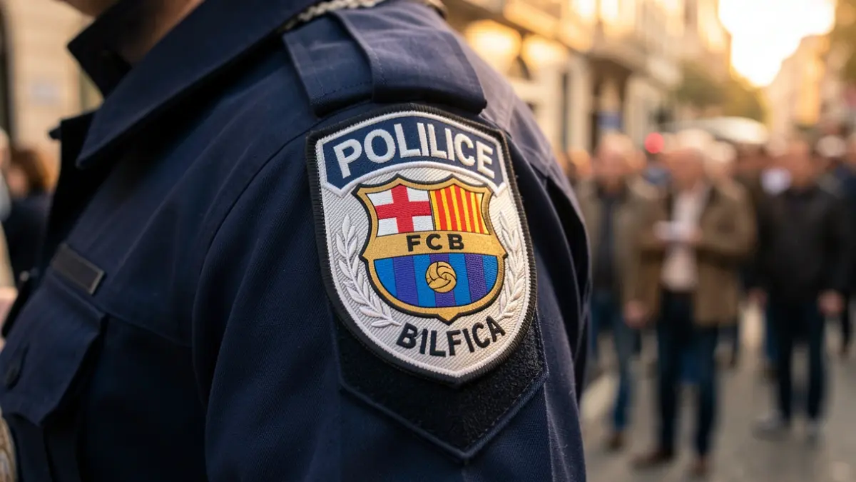 Detalle de una placa de la Guardia Urbana de Barcelona sobre un uniforme.