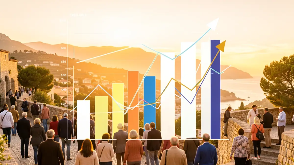 Gráficos de crecimiento económico sobre un paisaje mediterráneo.