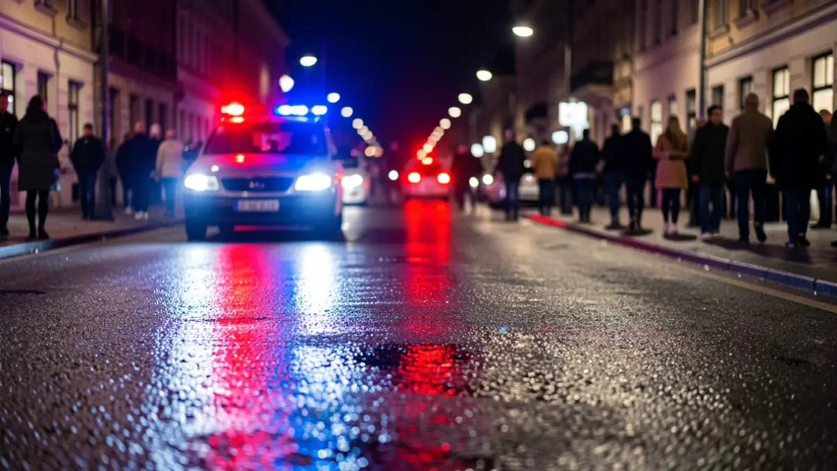 Imatge genèrica de llums d'emergència policials reflectint-se sobre asfalt mullat a la nit.