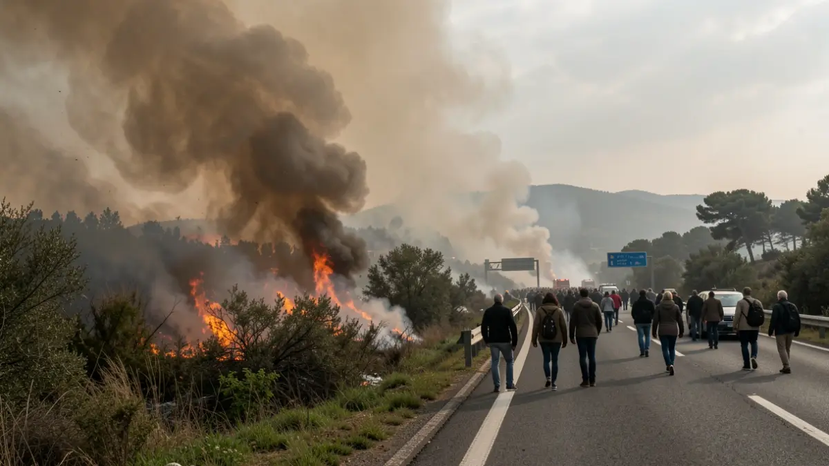 Imagen genérica de un incendio forestal al borde de una autopista.