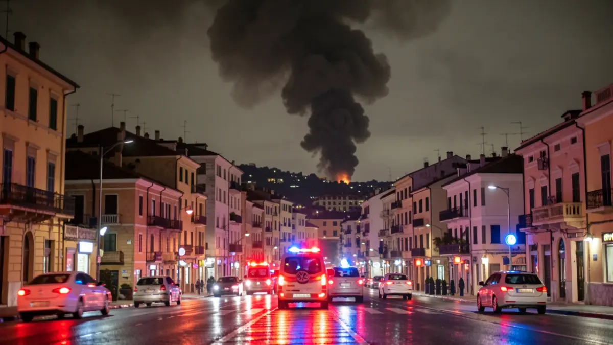 Columna de fum negre sobre Lleida de nit amb llums d'emergència.