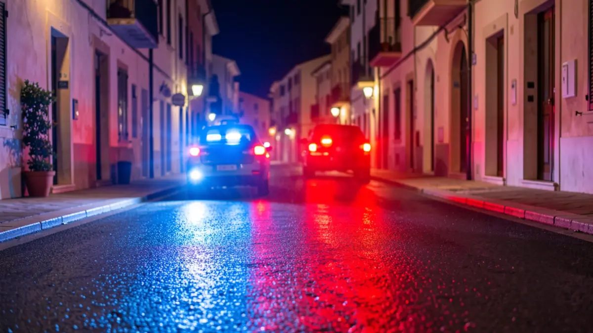 Imagen genérica de luces de emergencia reflejándose en asfalto mojado por la noche.