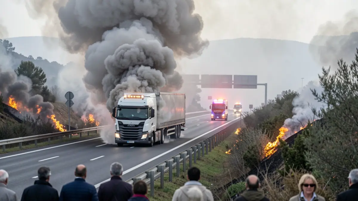 Imatge d'un camió incendiat a l'AP-7 a Gelida amb una gran columna de fum.
