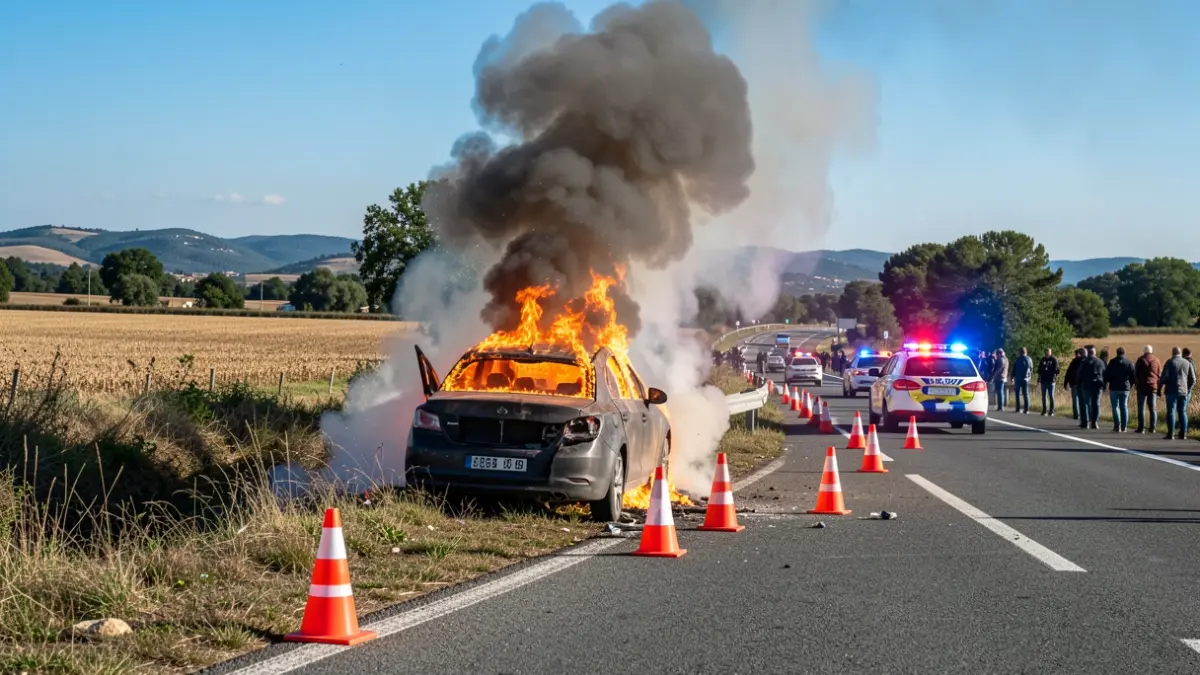 Generic image of a burning car on the C-66 in Celrà causing traffic jams.